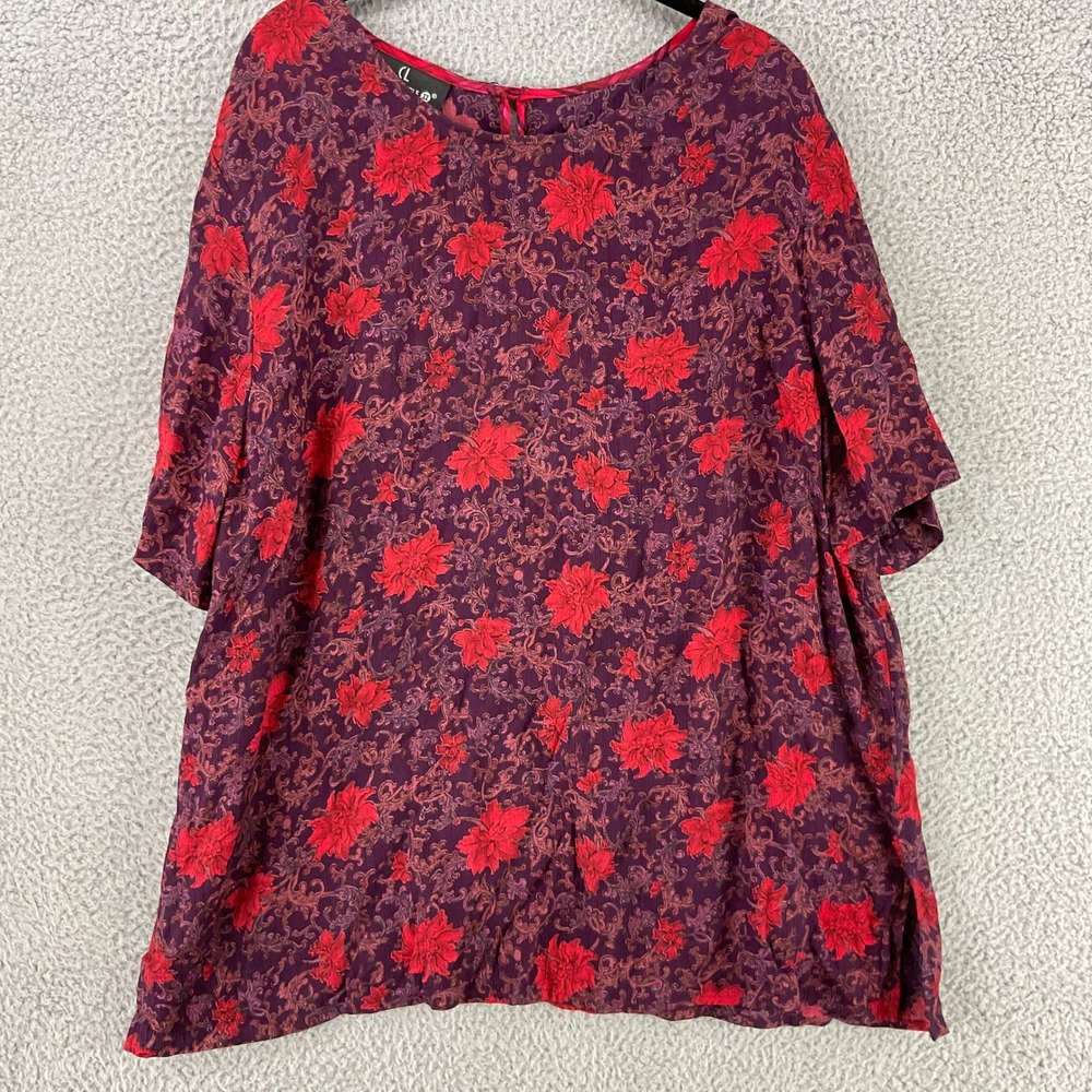 Carole Little Blouse Women 2X Purple Red Floral Rayon Short Sleeve Excellent